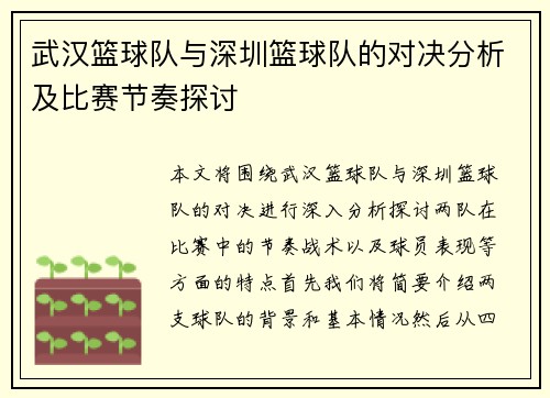武汉篮球队与深圳篮球队的对决分析及比赛节奏探讨