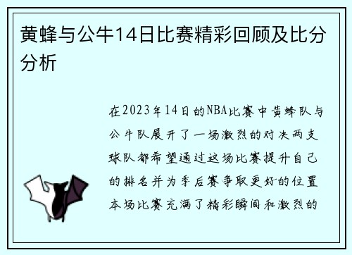 黄蜂与公牛14日比赛精彩回顾及比分分析
